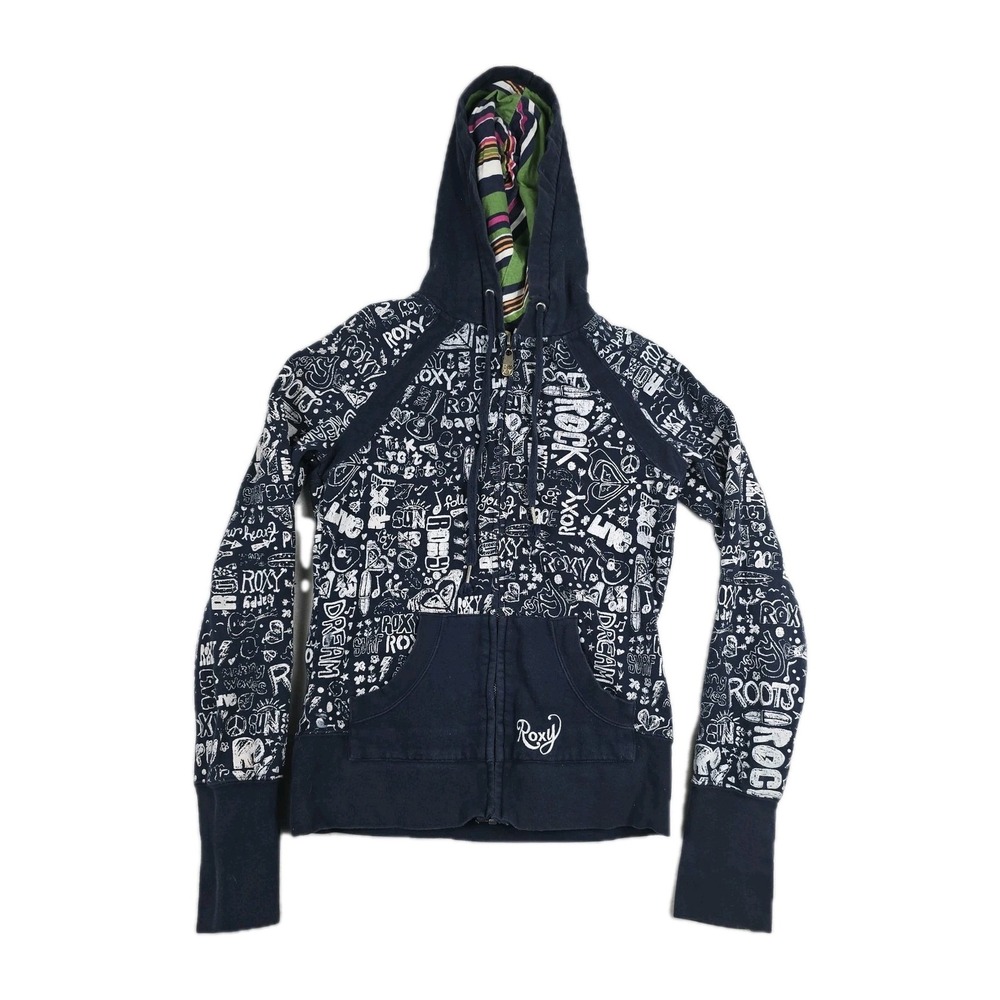 Roxy Y2K Juniors Size Medium AOP Distressed Full Zip Hoodie‎ Blue